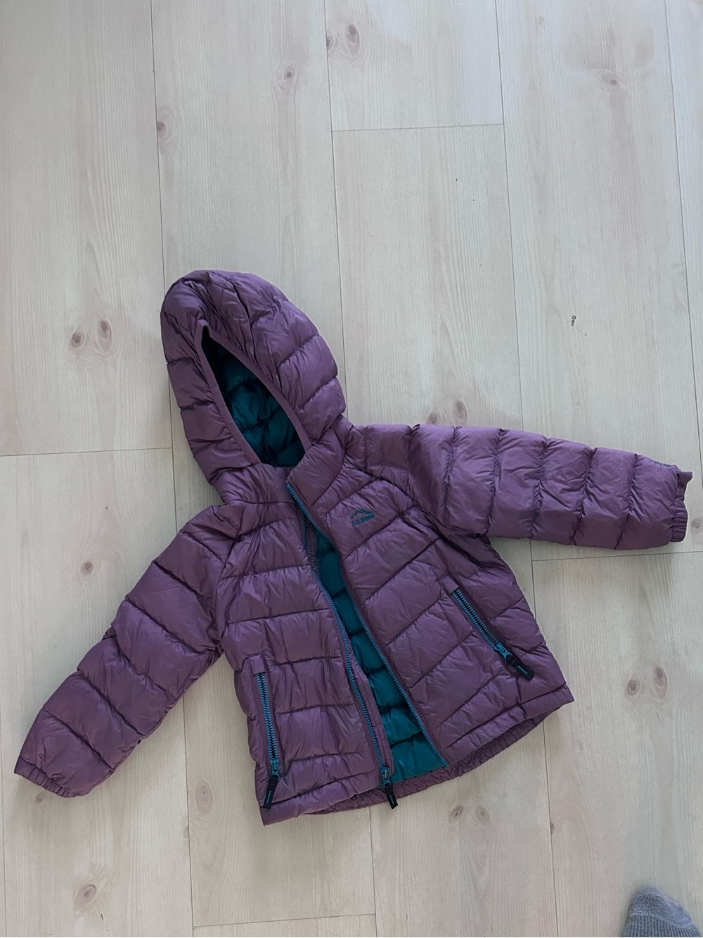 L.L. Bean Kids Hooded Puffer Jacket in Plum with Teal Lining